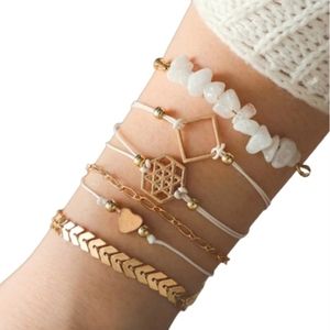 6pc Set White Gold Charm Bracelet Bundle Herringbone Chevron Chain Crystal Heart